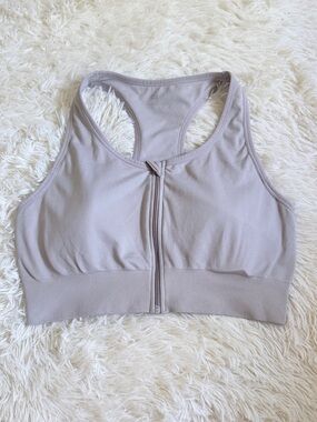Front-Zip Racerback Sports Bra in Taupe